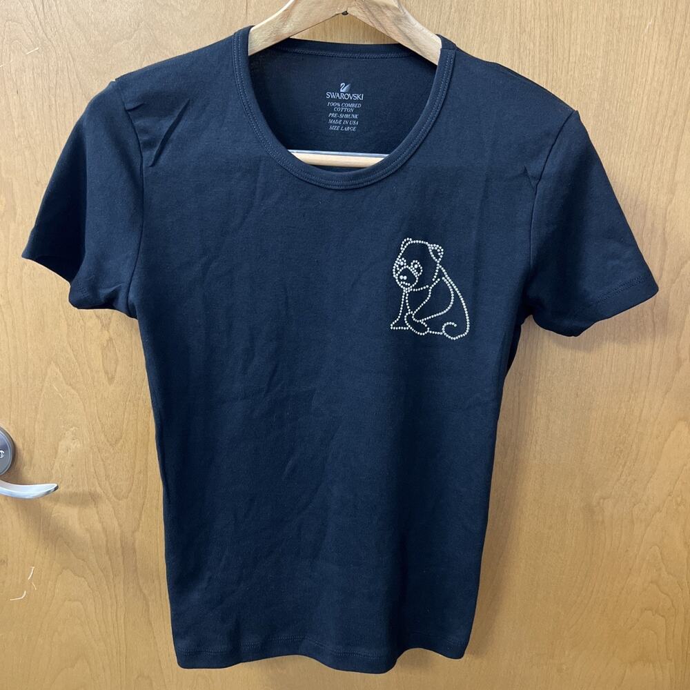 Swarovski Embossed Panda Bear Women's Black Short Sleeve Tee Size Large Cotton